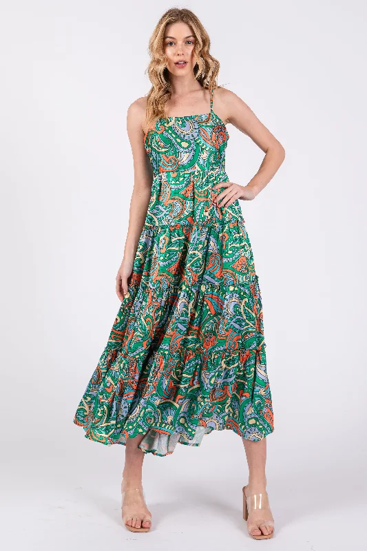 Green Satin Square Neck Ruffle Tiered Midi Dress