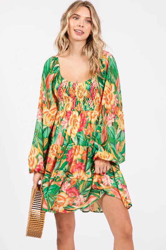 Green Tropical Floral Smocked V-Neck Midi Dress