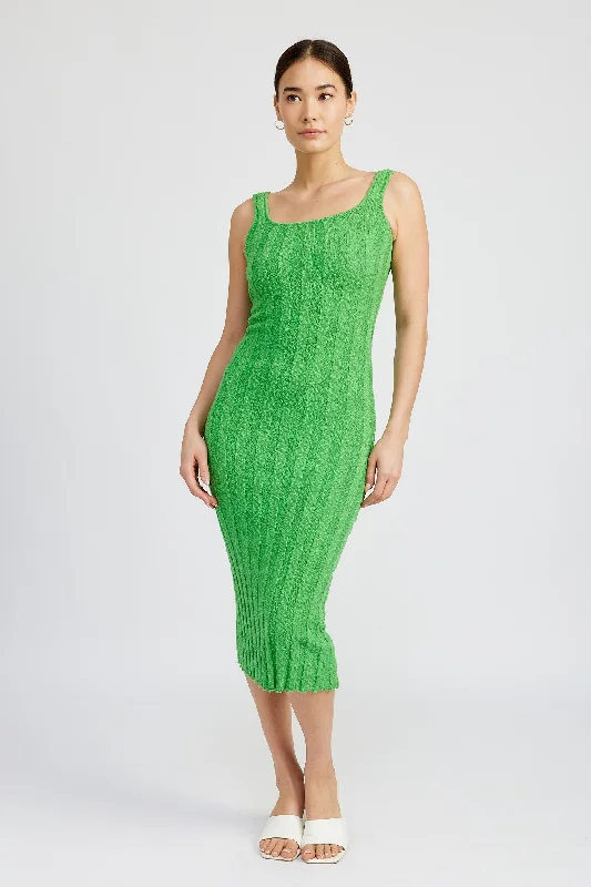 Green Wide Rib Knit Midi Dress