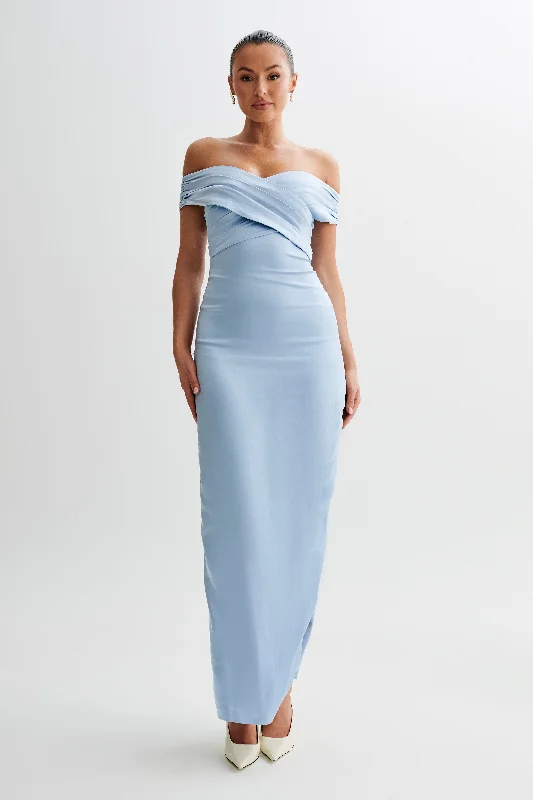 Harley Off Shoulder Satin Maxi Dress - Cornflower Blue Stylish A-Line Maxi Dress