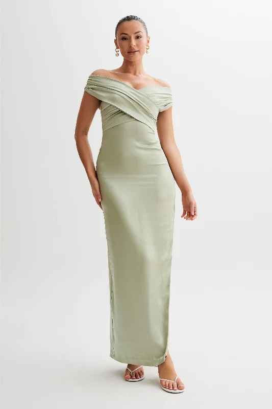 Harley Off Shoulder Satin Maxi Dress - Sage Comfortable Ruffle Hem Maxi Dress