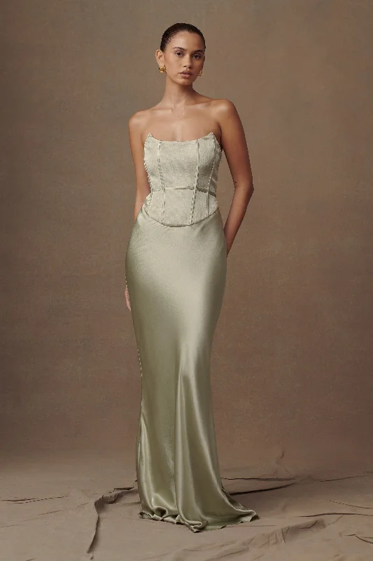 Harlow Satin Strapless Maxi Dress - Sage Comfortable Ruffle Hem Maxi Dress