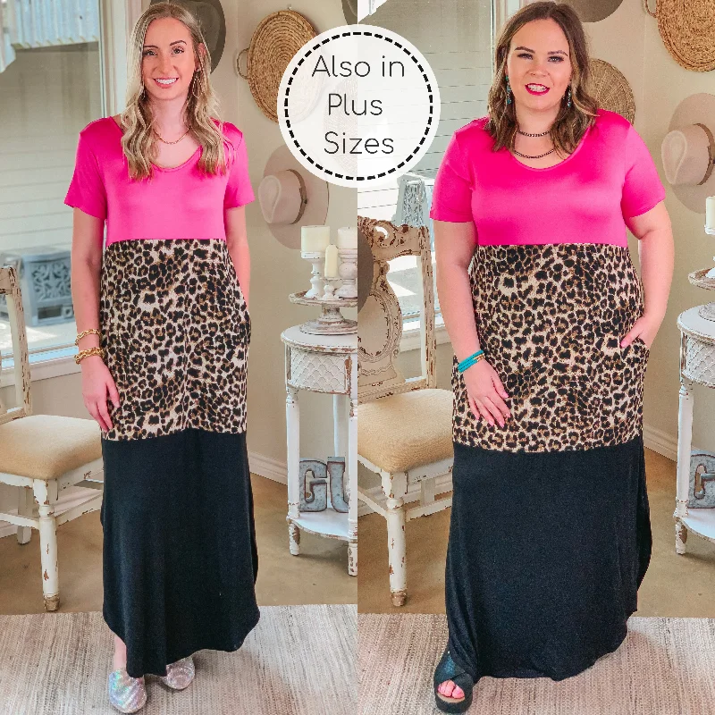 Last Chance Size Small | Change of Plans Leopard Print Color Block Maxi Dress in Hot Pink Comfortable Fit-and-Flare Maxi Dress