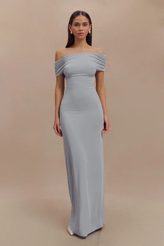 Imogen Off Shoulder Slinky Maxi Dress - Dusty Blue Classic V-Neck Maxi Dress
