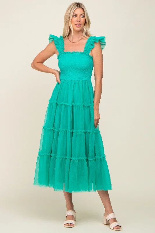 Jade Smocked Mesh Ruffle Accent Midi Dress