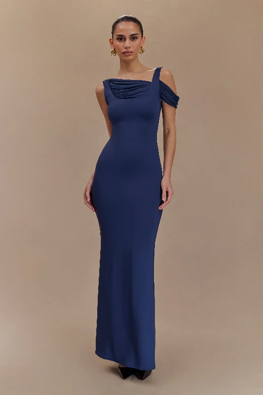 Janette Recycled Nylon And Mesh Sleeveless Maxi Dress  - Navy Fashionable Faux Wrap Maxi Dress