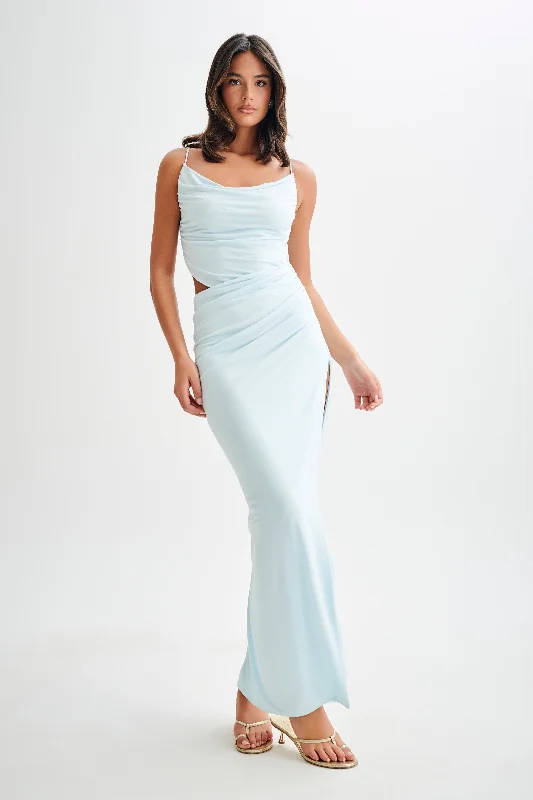 Jemma Draped Slinky Maxi Dress - Sky Blue Elegant Wraparound Maxi Dress