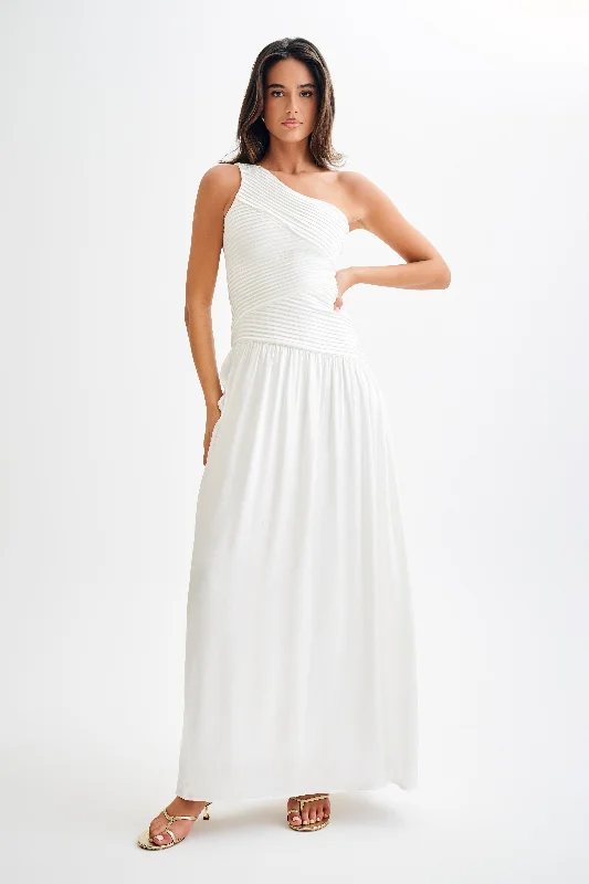 Jenna One Shoulder Pleated Maxi Dress - Ivory Elegant Maxi Dress with Lace