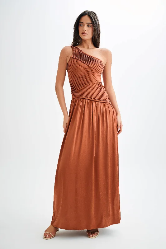 Jenna One Shoulder Pleated Maxi Dress - Wood Trendy Floral Print Maxi Dress