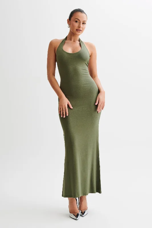 Jessica Modal Halter Maxi Dress - Military Olive Elegant Tiered Maxi Dress
