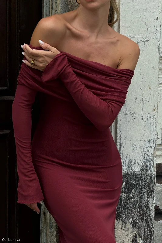 Josie Off Shoulder Mesh Maxi Dress - Wine Chic Button-Up Maxi Dress