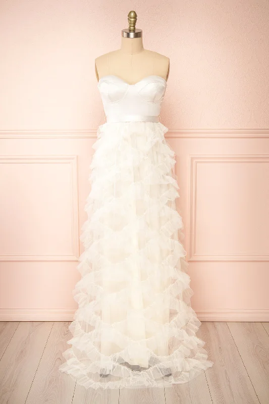 Jurin Ivory | Bustier Maxi Dress w/ Ruffled Tulle Chic Summer Floral Maxi Dress