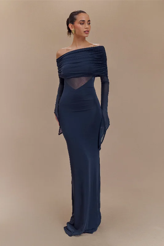 Kaitlin One Shoulder Slinky And Mesh Maxi Dress - Midnight Blue Trendy Satin Maxi Dress Kaitlin One Shoulder Slinky And Mesh Maxi Dress - Midnight Blue Trendy Satin Maxi Dress