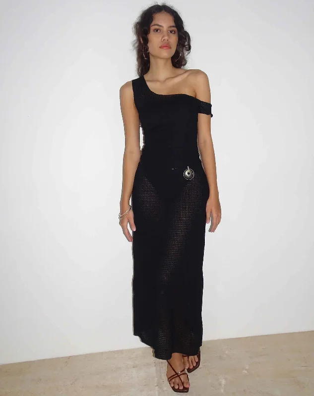 Katja Maxi Dress in Black Textured Crochet Comfortable Flowy Maxi Dress