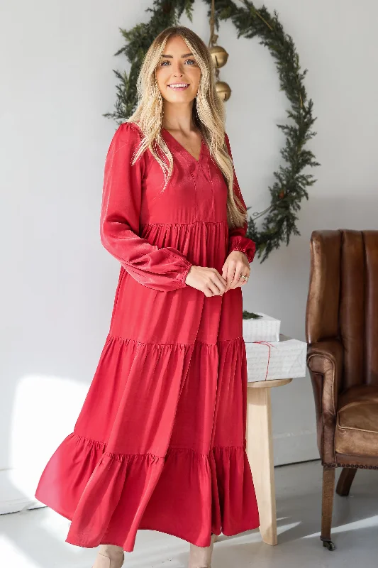 Keep Things Stylish Marsala Tiered Maxi Dress Cozy Ruffle Sleeve Maxi Dress