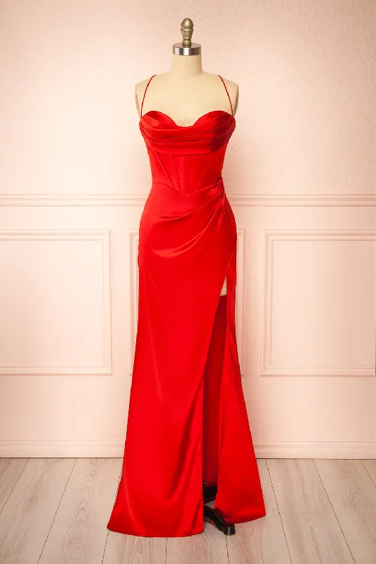 Kesha Red | Corset Cowl Neck Maxi Dress Comfortable Ruffle Maxi Dress