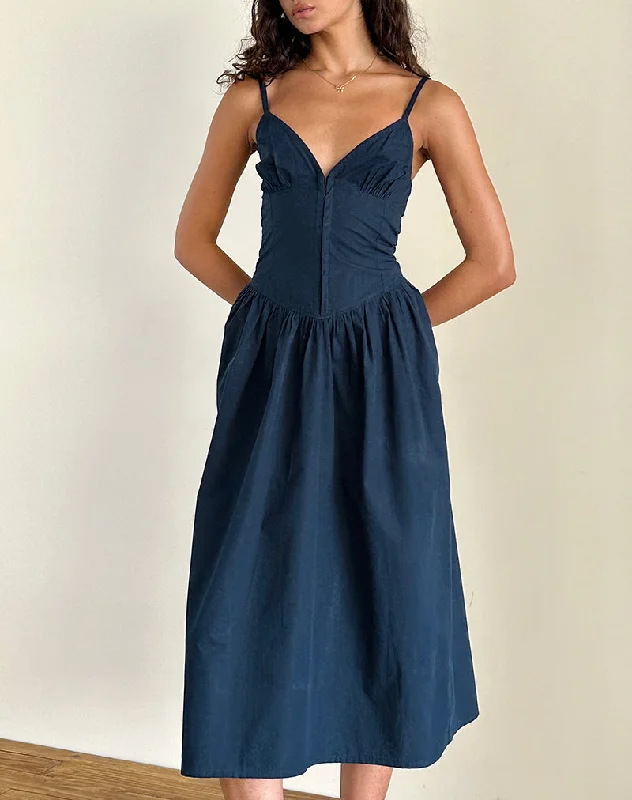 Krista Maxi Dress in Poplin Navy Elegant Boho Maxi Dress