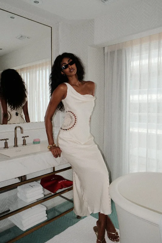 Kristina Satin Maxi Dress With Crochet - Ivory Elegant Boho Maxi Dress