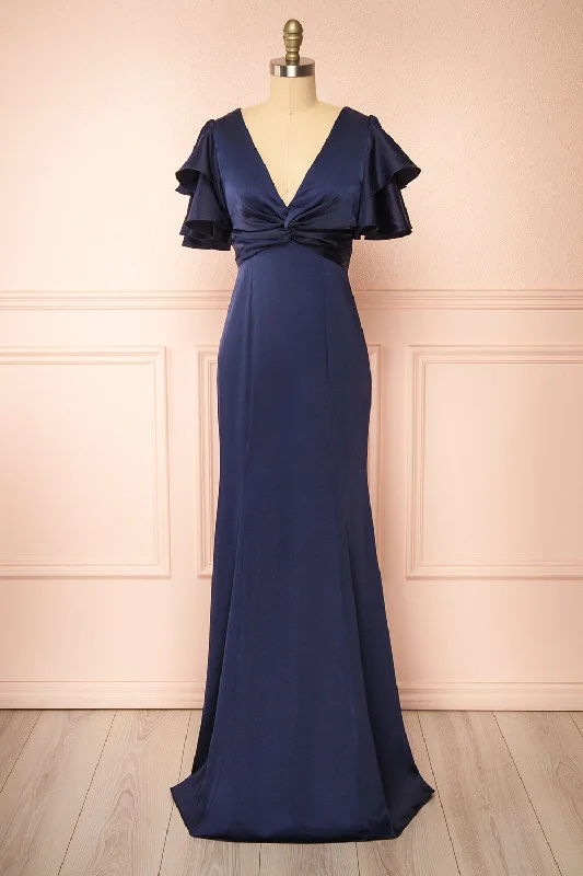 Kyana | V-Neck Navy Satin Maxi Dress Fashionable Open-Back Maxi Dress