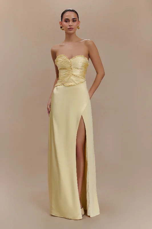 Larissa Satin Maxi Dress With Ruched Petals - Lemon Fashionable Chiffon Maxi Dress
