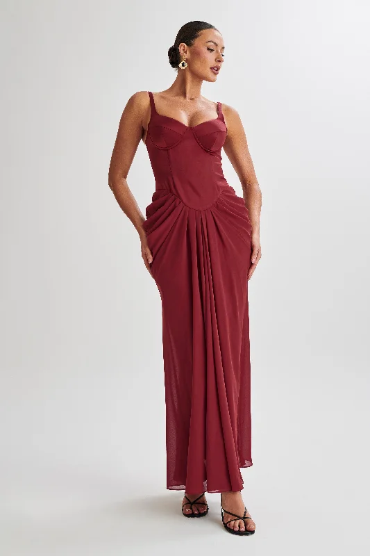 Leila Satin Corset Maxi Dress - Wine Cozy Ribbed Maxi Dress
