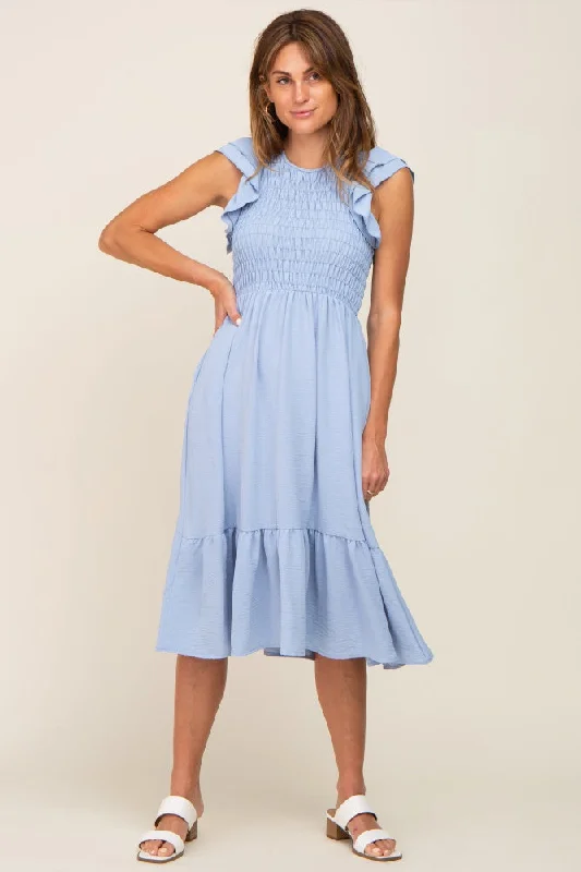 Light Blue Smocked Layered Ruffle Flutter Sleeve Midi Dress