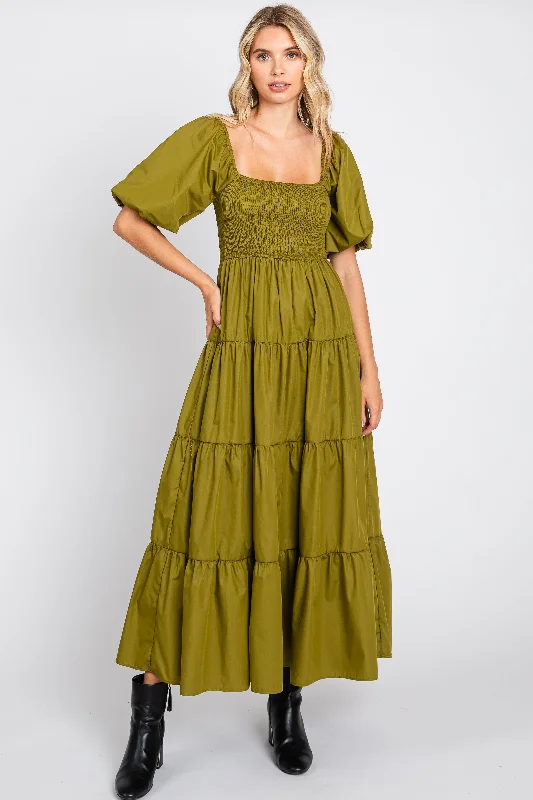 Light Olive Square Neck Smocked Puff Short Sleeve Tiered Midi Dress