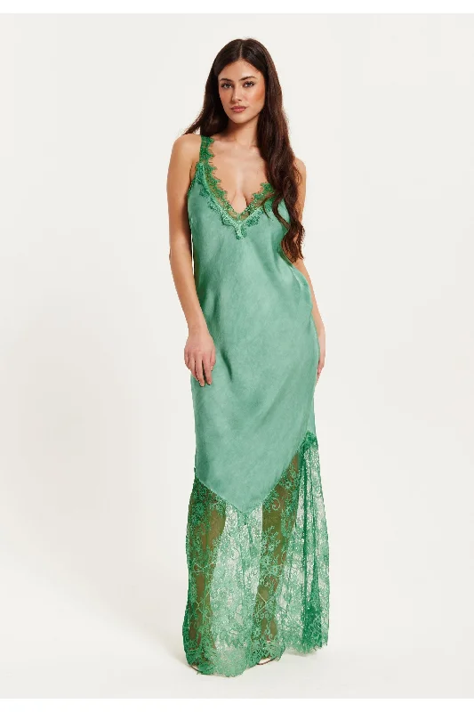 Liquorish Lace Detailed V Neck Maxi Dress In Dark Green Elegant Maxi Dress with Pockets