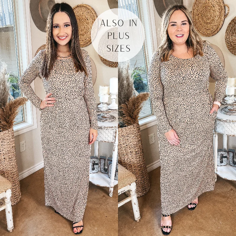 Last Chance Size Small | Downtown Spotlight Long Sleeve Dotted Babydoll Maxi Dress in Beige Cozy Spaghetti Strap Maxi Dress