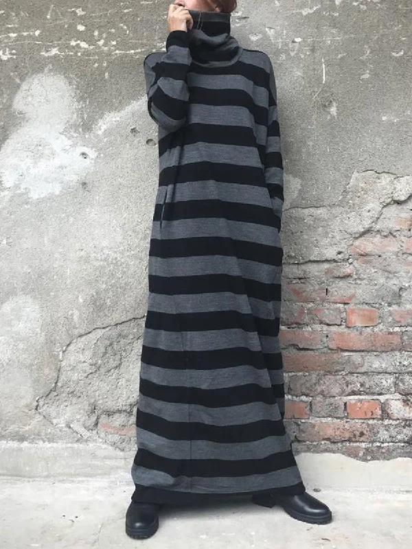 Loose Casual Turtleneck Long Sleeve Pocket Striped Maxi Dress Elegant Maxi Dress with Belt
