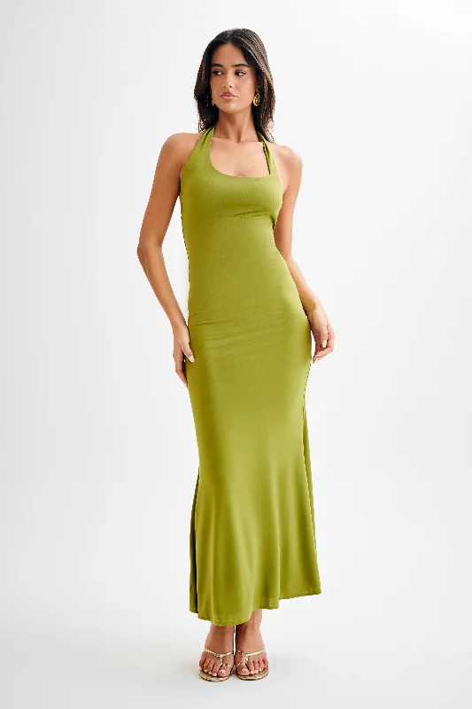 Marianne Asymmetrical Slinky Maxi Dress - Vintage Olive Stylish Button-Up Maxi Dress