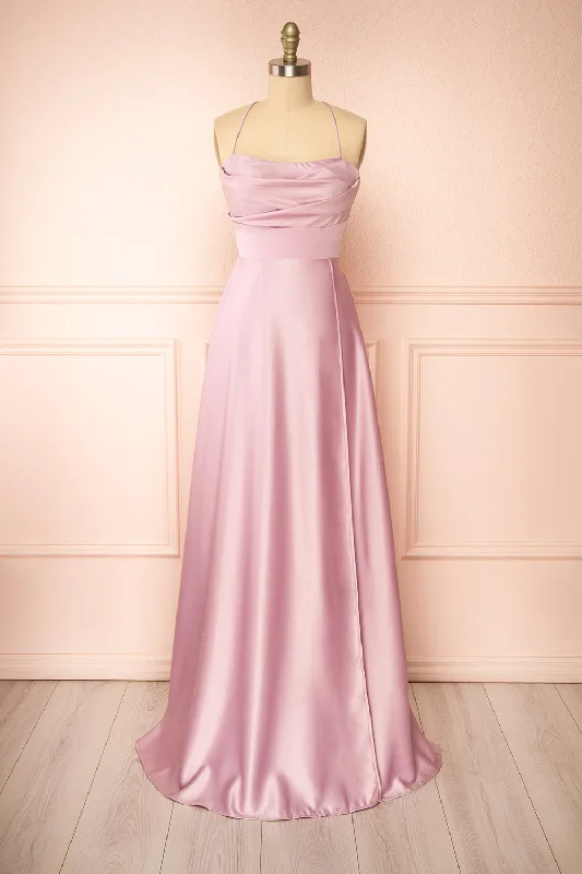 Marlys Mauve | Cowl Neck Satin Maxi Dress w/ High Slit Comfortable Fit-and-Flare Maxi Dress
