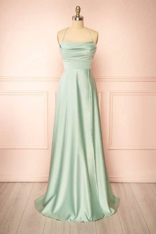Marlys Sage | Cowl Neck Satin Maxi Dress w/ High Slit Trendy Floral Print Maxi Dress