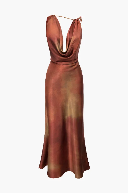 Tie Dye Asymmetric Cowl Neck Satin Maxi Dress Cozy Maxi Dress with Slit