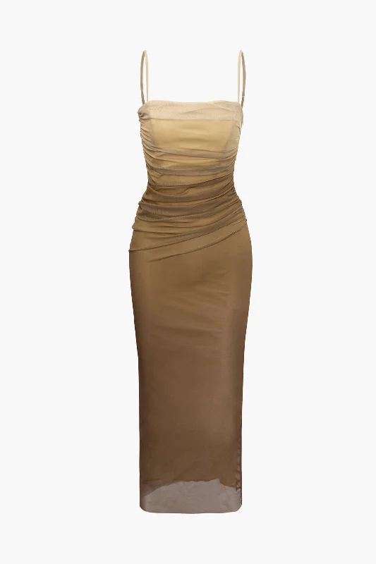 Mesh Ruched Cami Maxi Dress Elegant Lace Maxi Dress