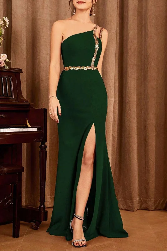 One Shoulder Sequin Slit Maxi Dress Elegant Maxi Dress with Belt