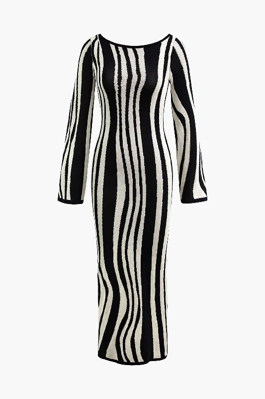 Contrast Stripe Round Neck Knit Maxi Dress Comfortable Long-Sleeve Maxi Dress