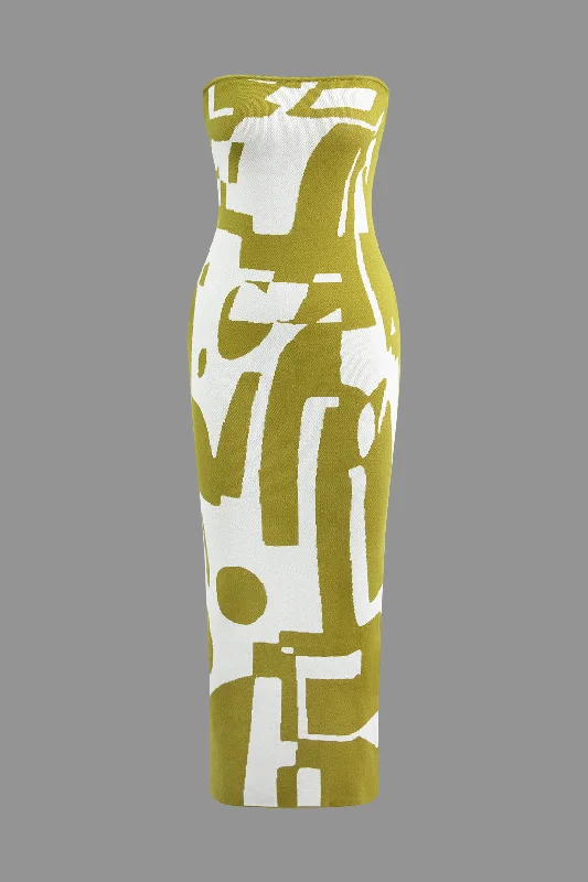 Geometric Pattern Strapless Knit Maxi Dress Chic Button-Up Maxi Dress
