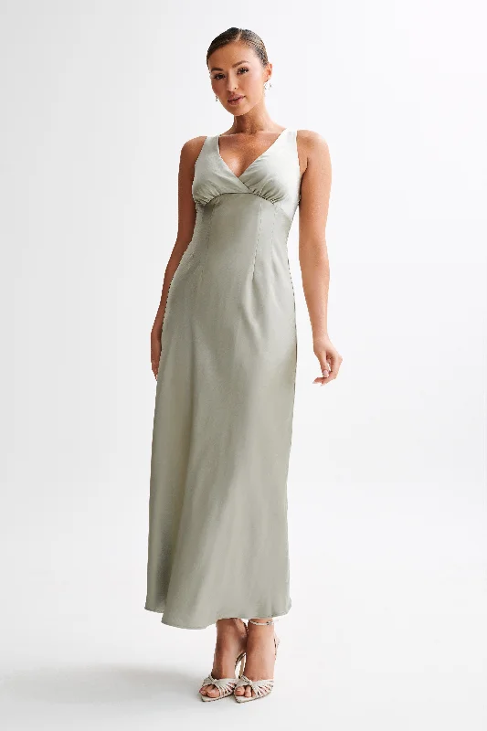 Meghan Satin Maxi Dress - Sage Comfortable Maxi Dress with Belt
