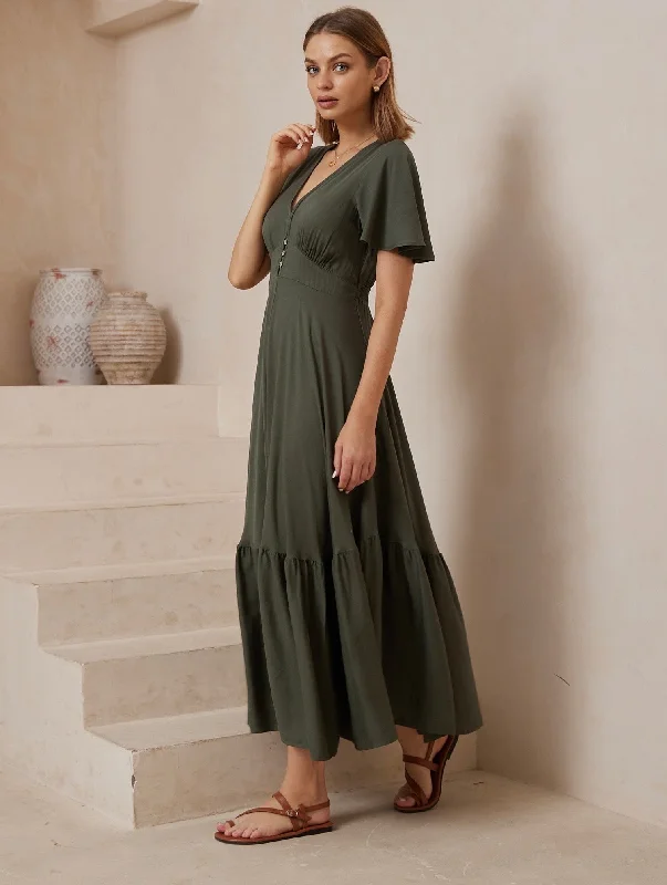 MIA MAXI DRESS - KHAKI Comfortable Maxi Dress with Sleeves