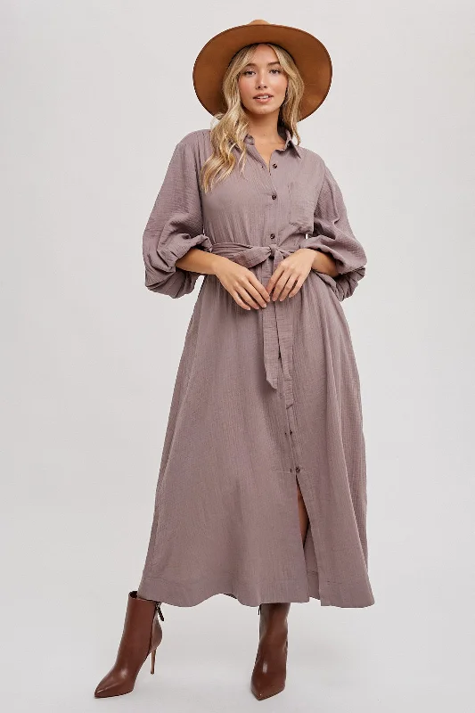 Mocha Gauze Belted Shirt Midi Dress