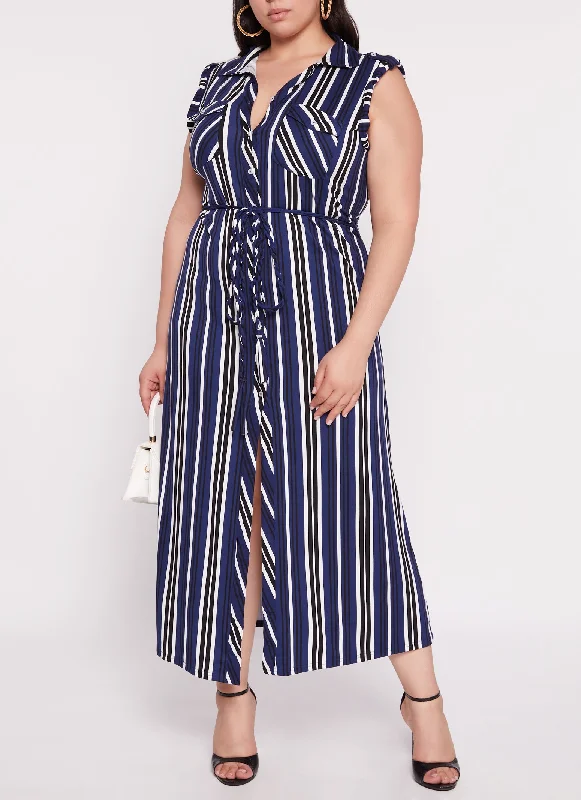 Plus Size Sleeveless Striped Shirt Maxi Dress Elegant Tiered Maxi Dress