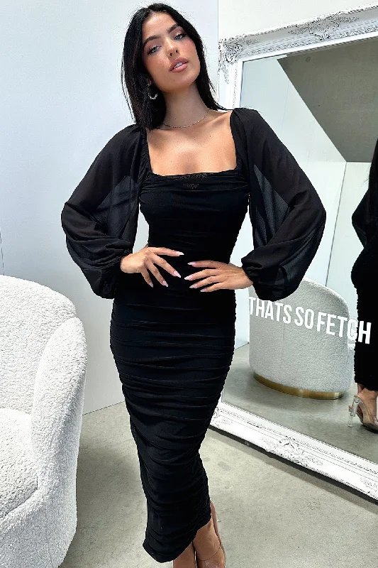 Octavia Maxi Dress - Black Elegant Maxi Dress with Drapes