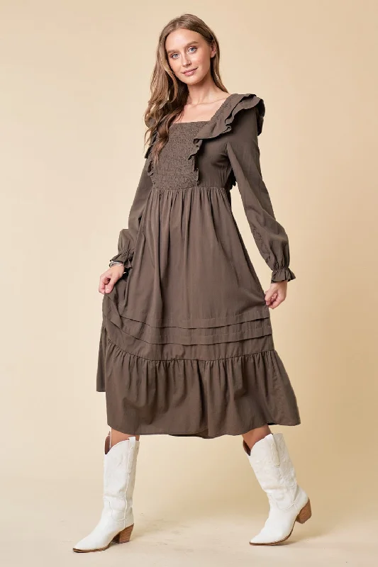 Olive Tiered Midi Dress With Smocking