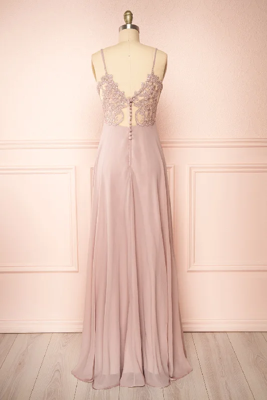 Peggie Mauve | Chiffon Maxi Dress w/ Back Embroidery Elegant Silk Maxi Dress
