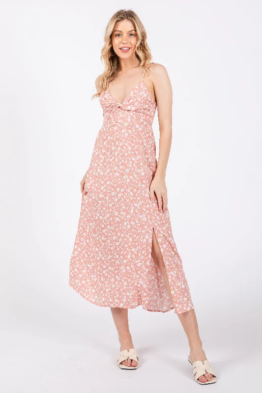 Pink Floral Side Slit Midi Dress