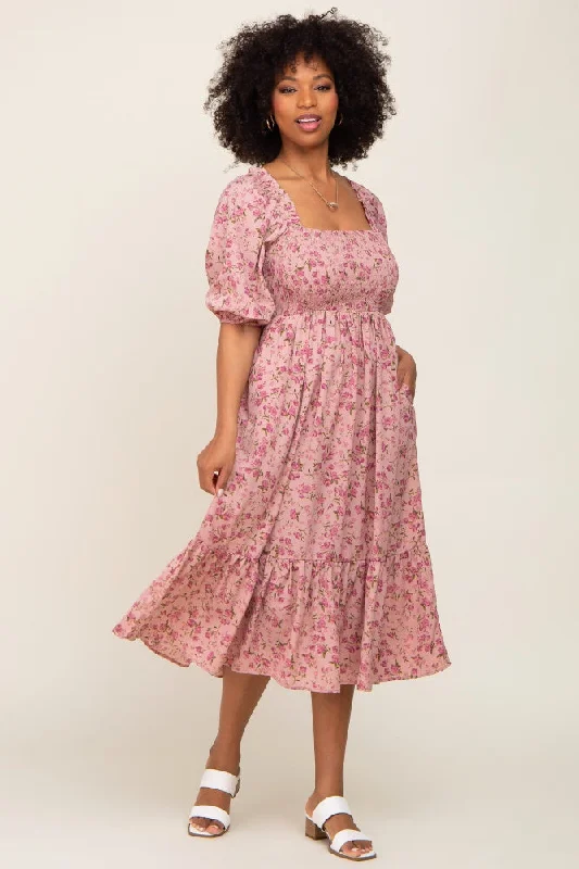 Pink Floral Smocked Midi Dress