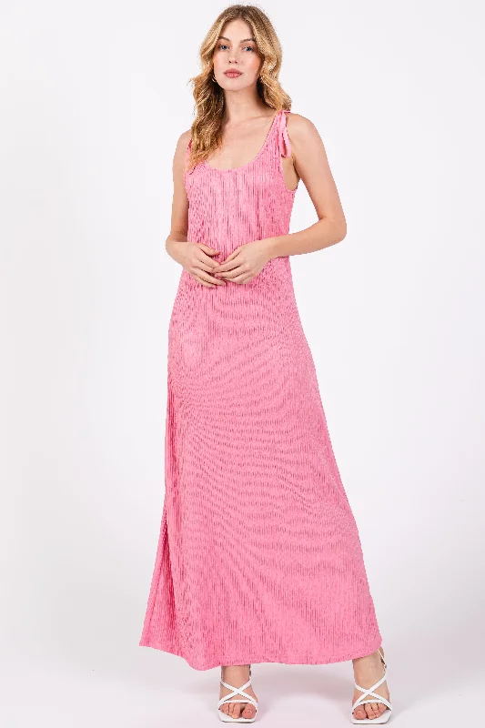 Pink Textured Tie Strap Midi Dress