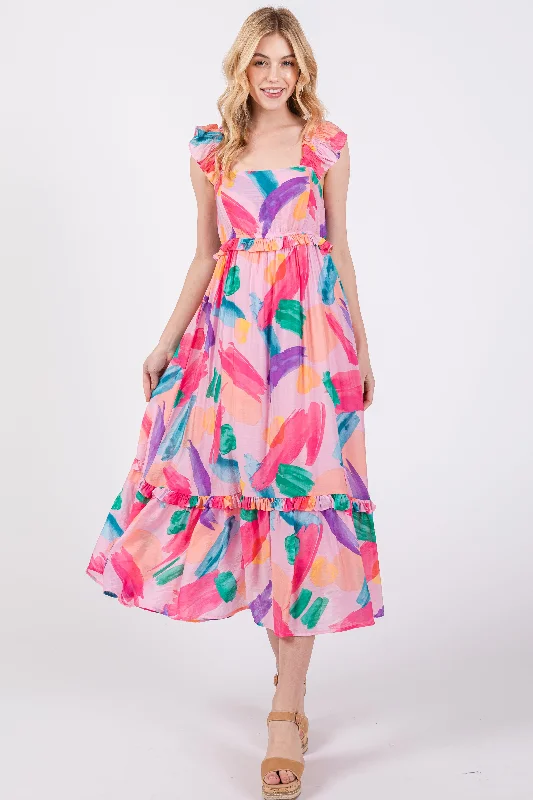 Pink Watercolor Print Ruffle Accent Midi Dress