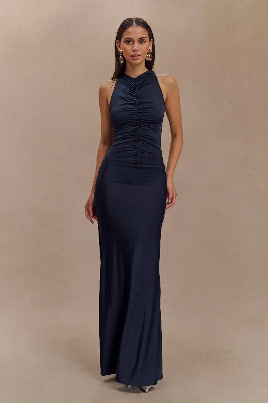 Priya Slinky Ruched Halter Maxi Dress - Navy Elegant Wraparound Maxi Dress